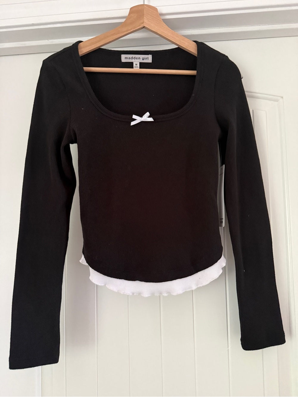 Madden Girl Black Ribbed Long Sleeve Top with White Bow & Hem